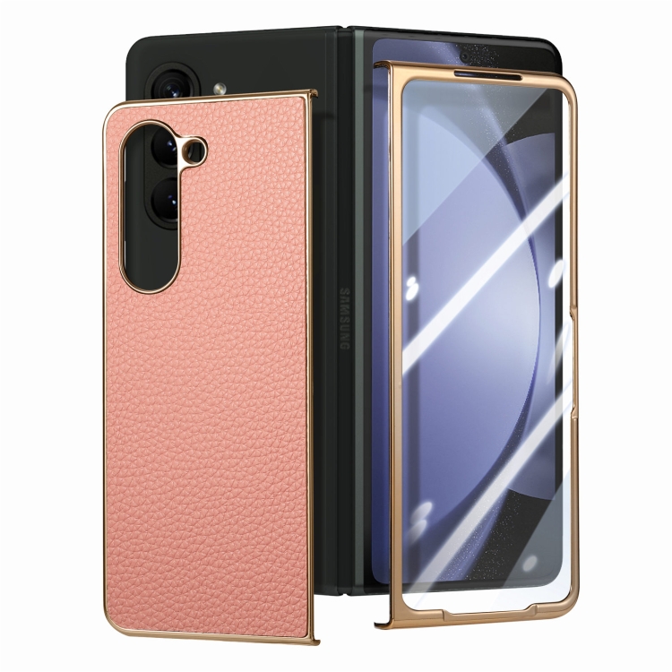For Samsung Galaxy Z Fold5 5G Integrated Film Electroplated Leather Phone Case(Rose Gold) For Samsung Galaxy Z Fold5 5G Integrated Film Electroplated Leather Phone Case(Rose Gold)