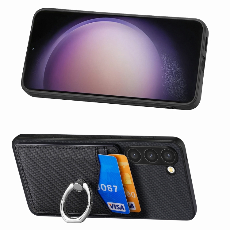 For Samsung Galaxy S23+ 5G Carbon Fiber Card Wallet Folding Ring Holder Phone Case(Black) For Samsung Galaxy S23+ 5G Carbon Fiber Card Wallet Folding Ring Holder Phone Case(Black)