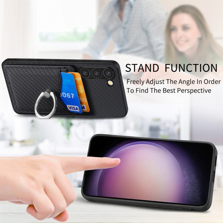 For Samsung Galaxy S23+ 5G Carbon Fiber Card Wallet Folding Ring Holder Phone Case(Black) For Samsung Galaxy S23+ 5G Carbon Fiber Card Wallet Folding Ring Holder Phone Case(Black)