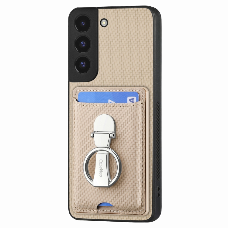 For Samsung Galaxy S22+ 5G Carbon Fiber Card Wallet Folding Ring Holder Phone Case(Khaki) For Samsung Galaxy S22+ 5G Carbon Fiber Card Wallet Folding Ring Holder Phone Case(Khaki)