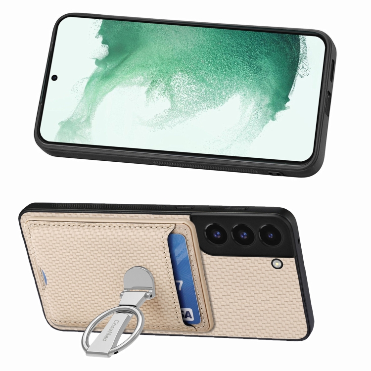 For Samsung Galaxy S22+ 5G Carbon Fiber Card Wallet Folding Ring Holder Phone Case(Khaki) For Samsung Galaxy S22+ 5G Carbon Fiber Card Wallet Folding Ring Holder Phone Case(Khaki)