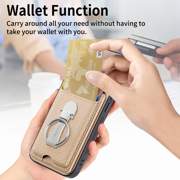 For Samsung Galaxy S22+ 5G Carbon Fiber Card Wallet Folding Ring Holder Phone Case(Khaki) For Samsung Galaxy S22+ 5G Carbon Fiber Card Wallet Folding Ring Holder Phone Case(Khaki)