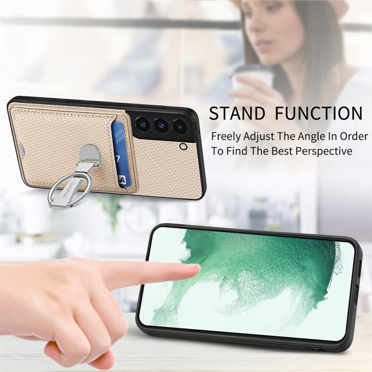 For Samsung Galaxy S22+ 5G Carbon Fiber Card Wallet Folding Ring Holder Phone Case(Khaki) For Samsung Galaxy S22+ 5G Carbon Fiber Card Wallet Folding Ring Holder Phone Case(Khaki)