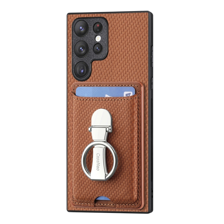 For Samsung Galaxy S22 Ultra 5G Carbon Fiber Card Wallet Folding Ring Holder Phone Case(Brown) For Samsung Galaxy S22 Ultra 5G Carbon Fiber Card Wallet Folding Ring Holder Phone Case(Brown)