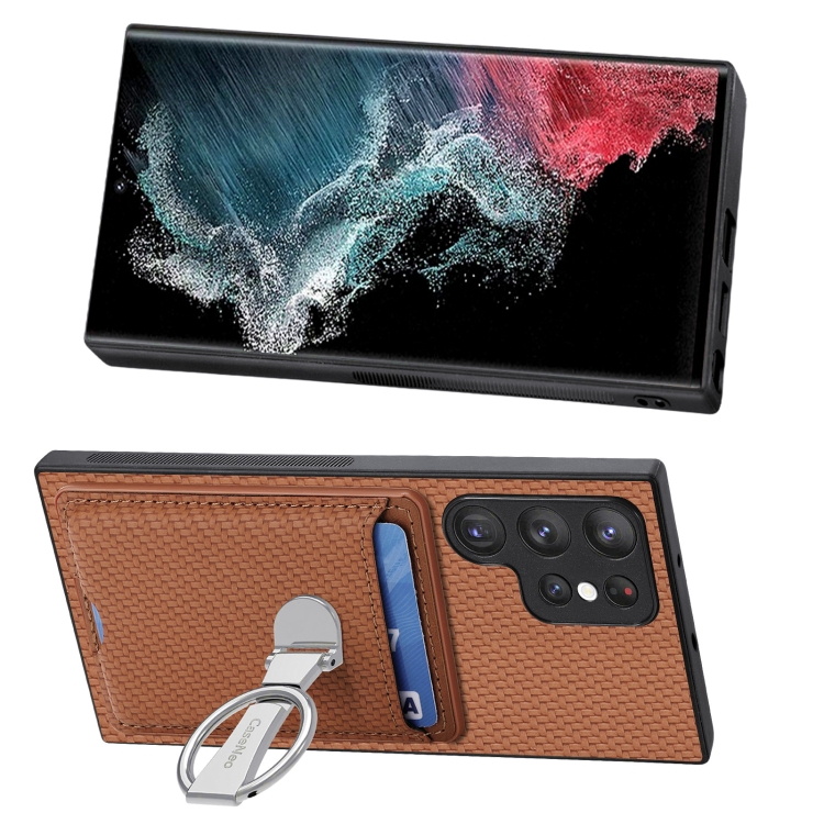 For Samsung Galaxy S22 Ultra 5G Carbon Fiber Card Wallet Folding Ring Holder Phone Case(Brown) For Samsung Galaxy S22 Ultra 5G Carbon Fiber Card Wallet Folding Ring Holder Phone Case(Brown)