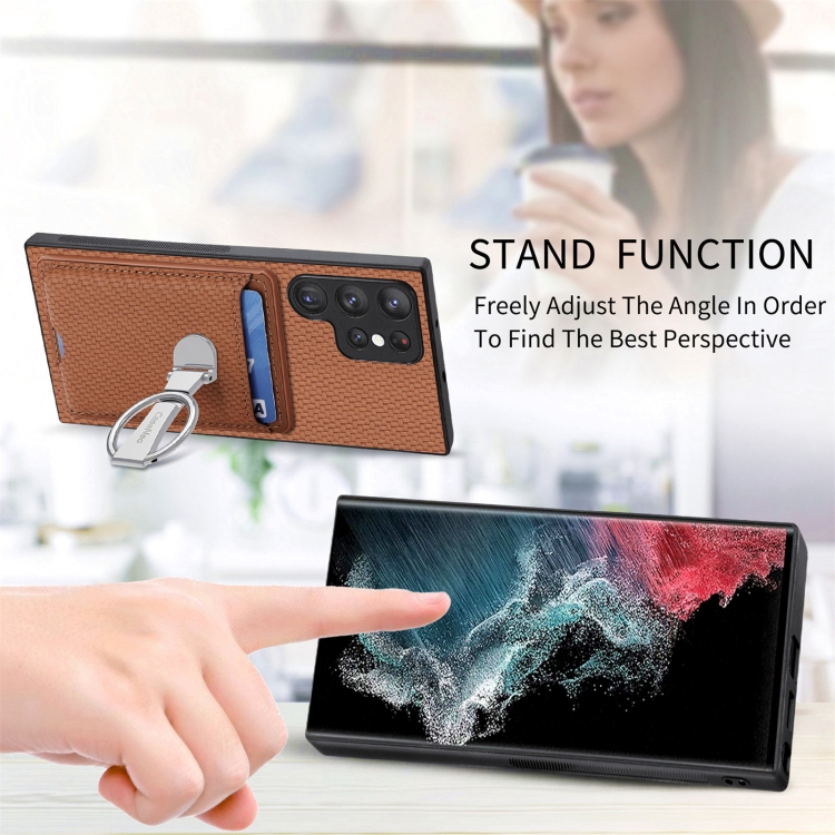 For Samsung Galaxy S22 Ultra 5G Carbon Fiber Card Wallet Folding Ring Holder Phone Case(Brown) For Samsung Galaxy S22 Ultra 5G Carbon Fiber Card Wallet Folding Ring Holder Phone Case(Brown)