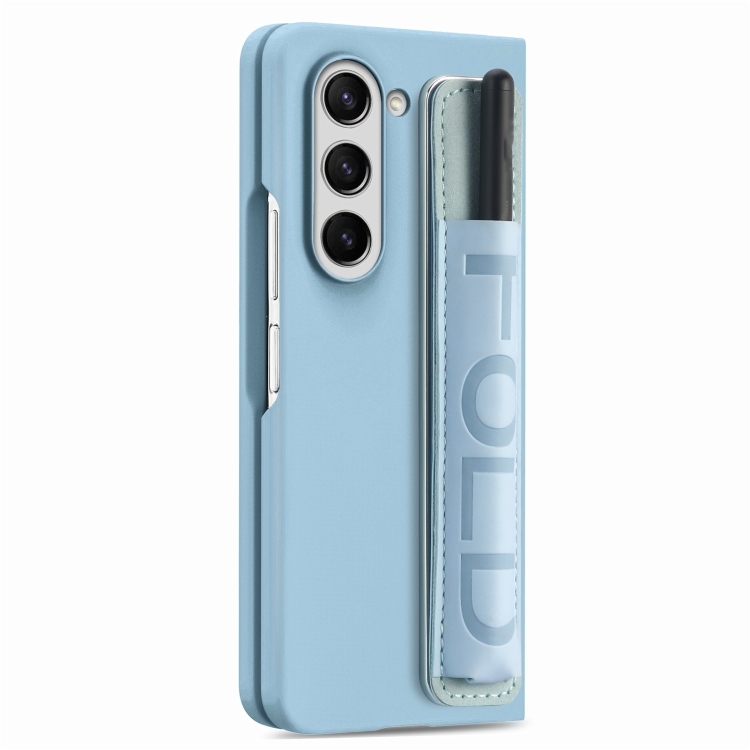 For Samsung Galaxy Z Fold5 5G Integrated Film Wrist Grip Leather Phone Case with Pen Slot(Bule) For Samsung Galaxy Z Fold5 5G Integrated Film Wrist Grip Leather Phone Case with Pen Slot(Bule)