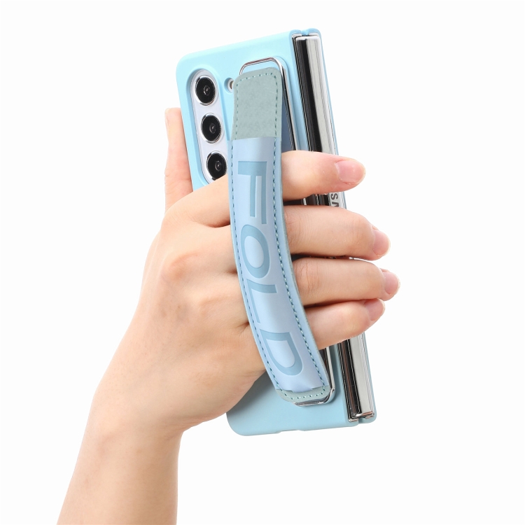 For Samsung Galaxy Z Fold5 5G Integrated Film Wrist Grip Leather Phone Case with Pen Slot(Bule) For Samsung Galaxy Z Fold5 5G Integrated Film Wrist Grip Leather Phone Case with Pen Slot(Bule)