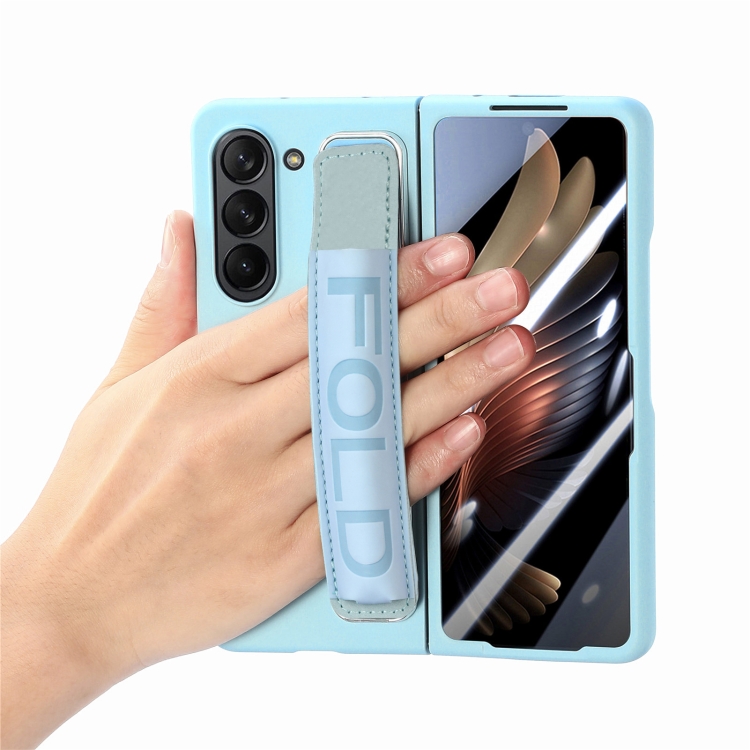 For Samsung Galaxy Z Fold5 5G Integrated Film Wrist Grip Leather Phone Case with Pen Slot(Bule) For Samsung Galaxy Z Fold5 5G Integrated Film Wrist Grip Leather Phone Case with Pen Slot(Bule)