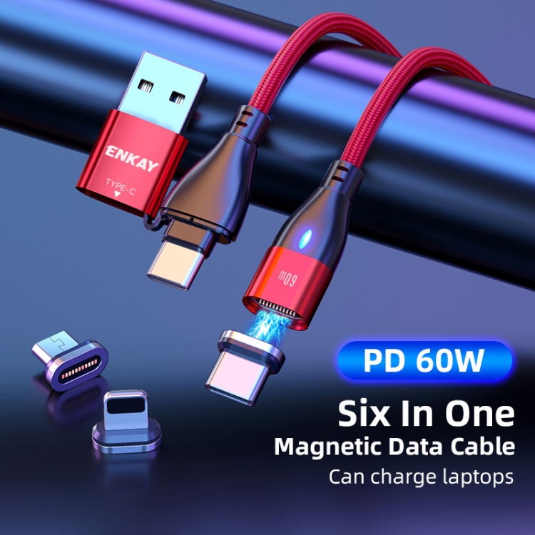 ENKAY 6-in-1 PD60W USB-A / da tipo C a tipo C / 8 pin / cavo di ricarica  rapida magnetico micro USB, lunghezza cavo: 2 m (nero)