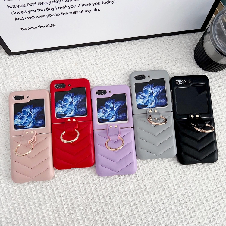 For Samsung Galaxy Z Flip5 5G V-shaped Pattern Leather Ring Holder Shockproof Phone Case(Pink)