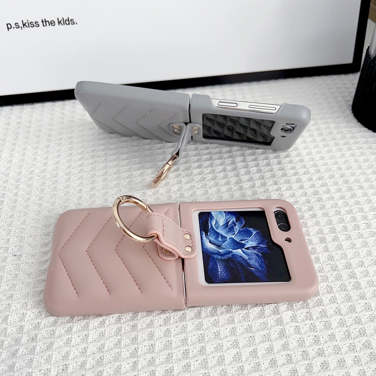 For Samsung Galaxy Z Flip5 5G V-shaped Pattern Leather Ring Holder Shockproof Phone Case(Pink)