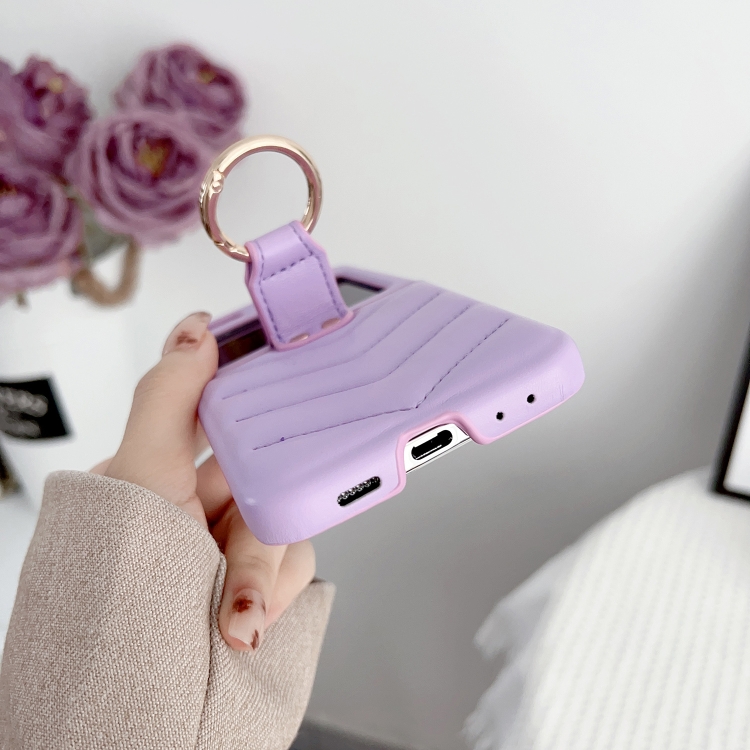 For Samsung Galaxy Z Flip5 5G V-shaped Pattern Leather Ring Holder Shockproof Phone Case(Pink)