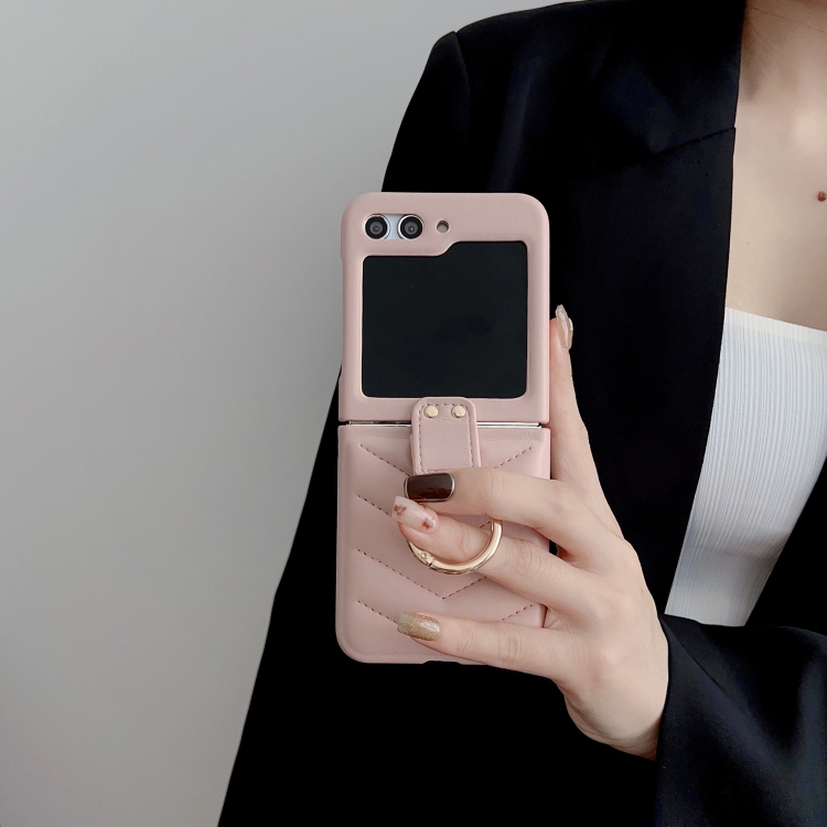 For Samsung Galaxy Z Flip5 5G V-shaped Pattern Leather Ring Holder Shockproof Phone Case(Pink)