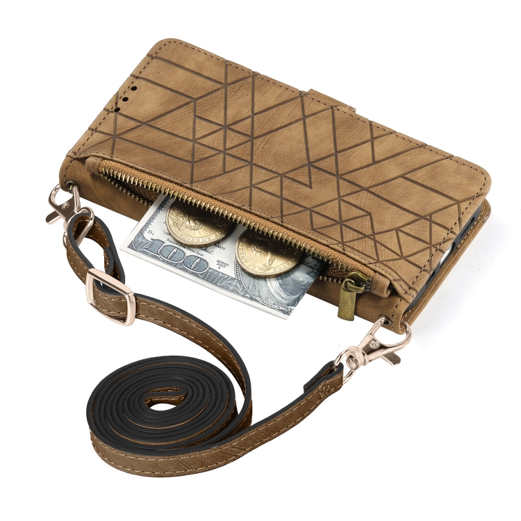For iPhone 15 Geometric Zipper Wallet Side Buckle Leather Phone Case with Crossbody Lanyard(Brown) For iPhone 15 Geometric Zipper Wallet Side Buckle Leather Phone Case with Crossbody Lanyard(Brown)