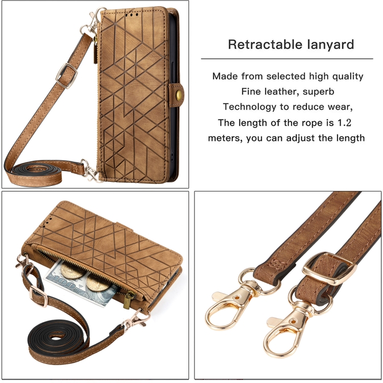 For iPhone 15 Geometric Zipper Wallet Side Buckle Leather Phone Case with Crossbody Lanyard(Brown) For iPhone 15 Geometric Zipper Wallet Side Buckle Leather Phone Case with Crossbody Lanyard(Brown)