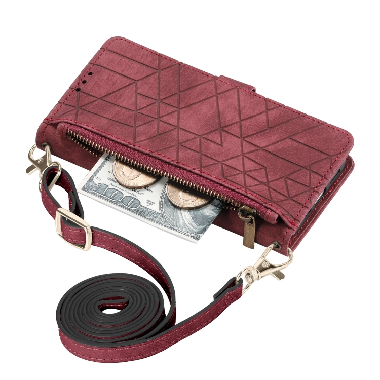 For iPhone 15 Pro Max Geometric Zipper Wallet Side Buckle Leather Phone Case with Crossbody Lanyard(Red) - 1