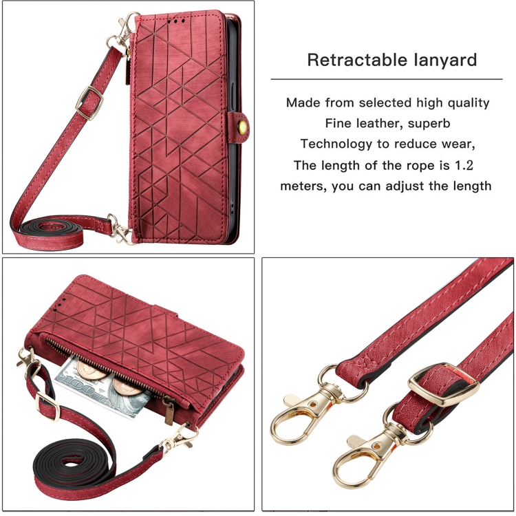 For iPhone 15 Pro Max Geometric Zipper Wallet Side Buckle Leather Phone Case with Crossbody Lanyard(Red) - 3