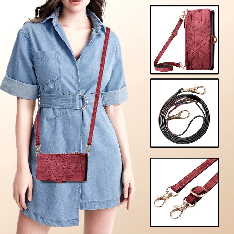 For iPhone 15 Pro Max Geometric Zipper Wallet Side Buckle Leather Phone Case with Crossbody Lanyard(Red) - 5