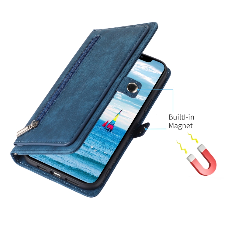 For iPhone 15 Zipper Card Slot Buckle Wallet Leather Phone Case(Blue) For iPhone 15 Zipper Card Slot Buckle Wallet Leather Phone Case(Blue)