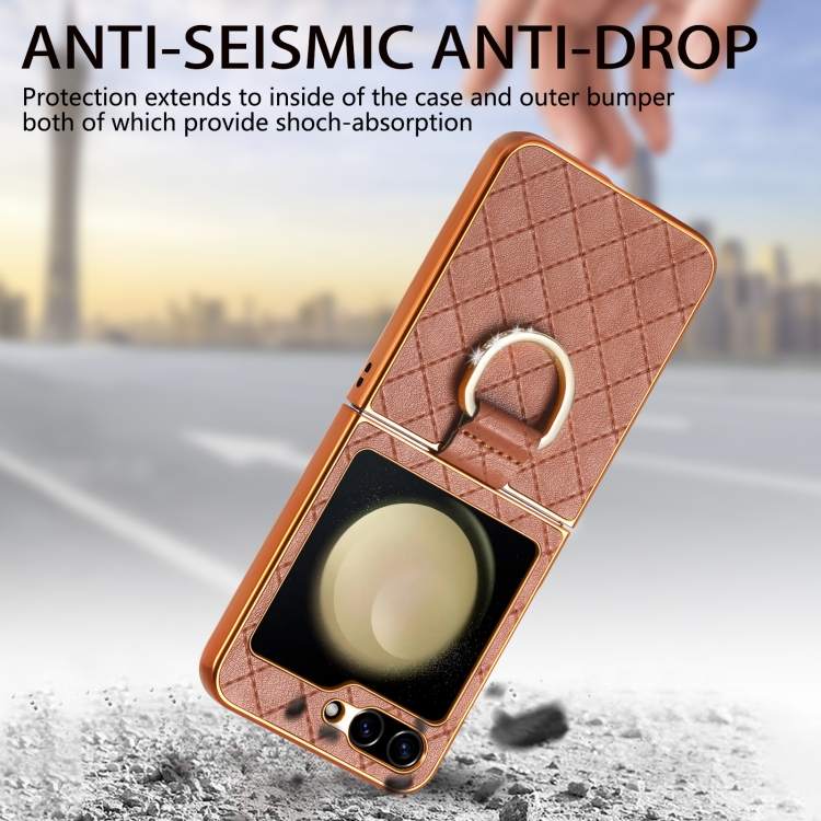 For Samsung Galaxy Z Flip5 5G Rhombus Plated Diamond Ring Phone Case(Brown) For Samsung Galaxy Z Flip5 5G Rhombus Plated Diamond Ring Phone Case(Brown)