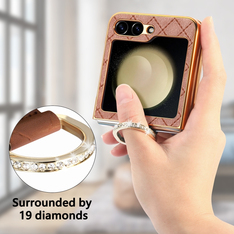 For Samsung Galaxy Z Flip5 5G Rhombus Plated Diamond Ring Phone Case(Brown) For Samsung Galaxy Z Flip5 5G Rhombus Plated Diamond Ring Phone Case(Brown)