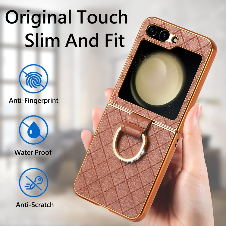 For Samsung Galaxy Z Flip5 5G Rhombus Plated Diamond Ring Phone Case(Brown) For Samsung Galaxy Z Flip5 5G Rhombus Plated Diamond Ring Phone Case(Brown)