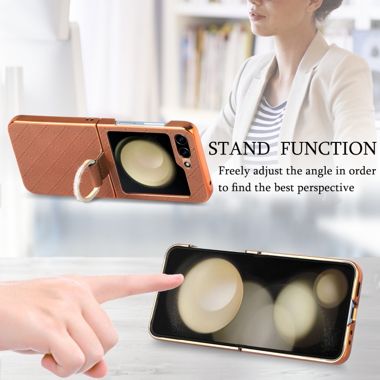 For Samsung Galaxy Z Flip5 5G Rhombus Plated Diamond Ring Phone Case(Brown) For Samsung Galaxy Z Flip5 5G Rhombus Plated Diamond Ring Phone Case(Brown)