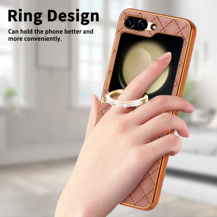 For Samsung Galaxy Z Flip5 5G Rhombus Plated Diamond Ring Phone Case(Brown) For Samsung Galaxy Z Flip5 5G Rhombus Plated Diamond Ring Phone Case(Brown)