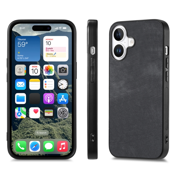 For iPhone 16 Plus Vintage Leather PC Back Cover Phone Case(Black) For iPhone 16 Plus Vintage Leather PC Back Cover Phone Case(Black)