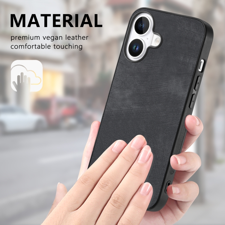 For iPhone 16 Plus Vintage Leather PC Back Cover Phone Case(Black) For iPhone 16 Plus Vintage Leather PC Back Cover Phone Case(Black)