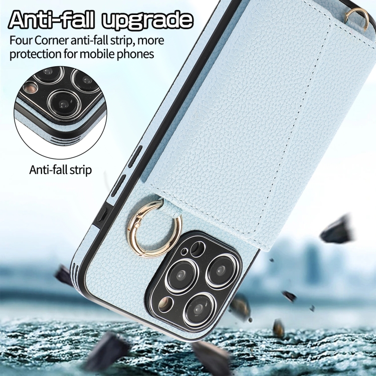 For iPhone 15 Pro Max Crossbody Ring Wallet Leather Back Cover Phone Case(Blue) - 1