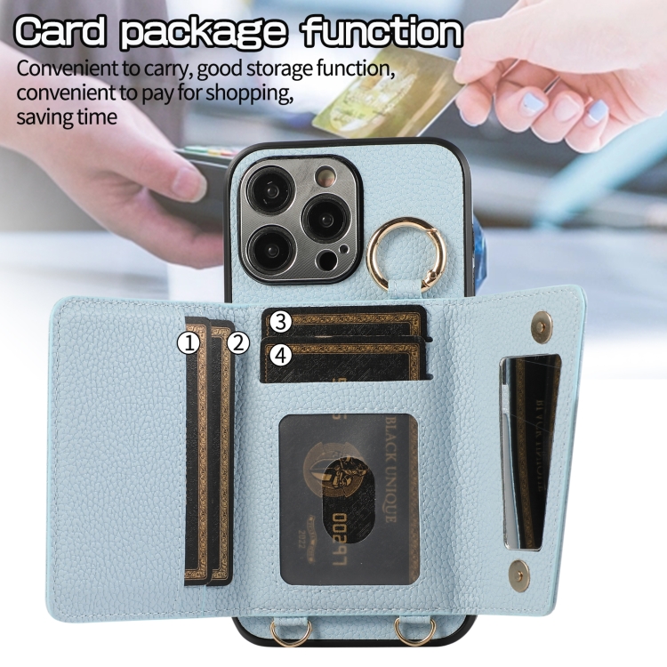For iPhone 15 Pro Max Crossbody Ring Wallet Leather Back Cover Phone Case(Blue) - 2
