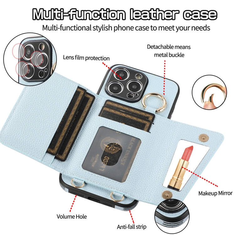 For iPhone 15 Pro Max Crossbody Ring Wallet Leather Back Cover Phone Case(Blue) - 3