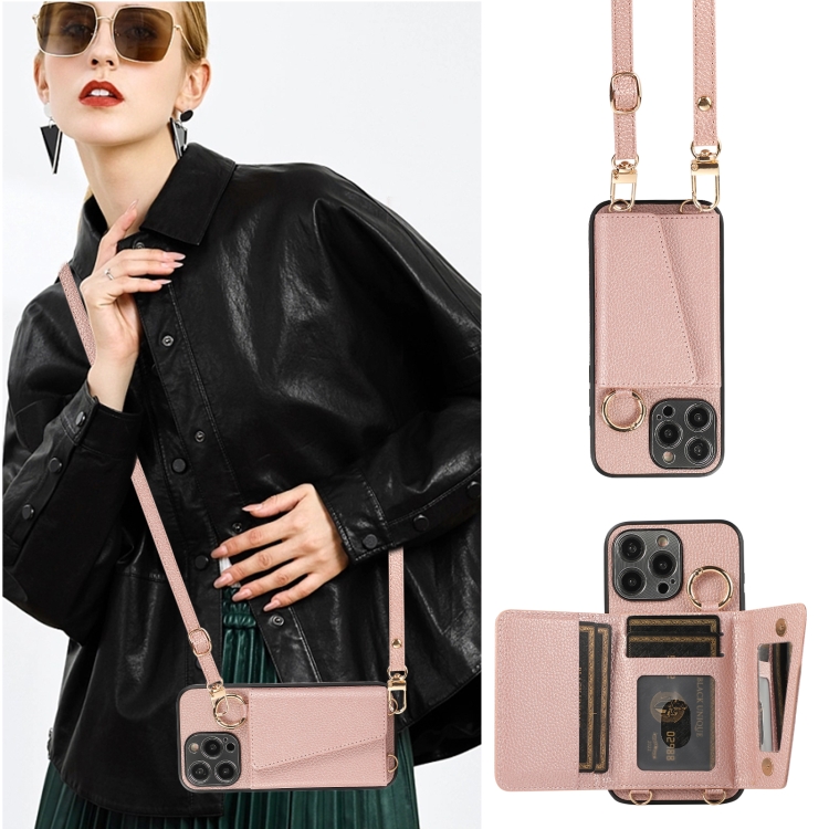 For iPhone 15 Plus Crossbody Ring Wallet Leather Back Cover Phone Case(Pink) For iPhone 15 Plus Crossbody Ring Wallet Leather Back Cover Phone Case(Pink)