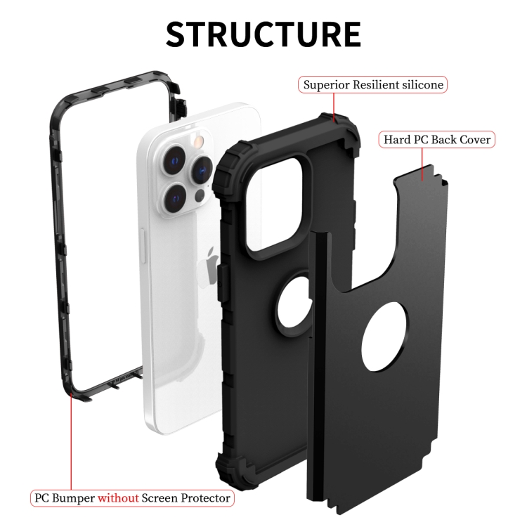 For iPhone 15 Pro 3 in 1 Silicone Hybrid PC Shockproof Phone Case(Black)