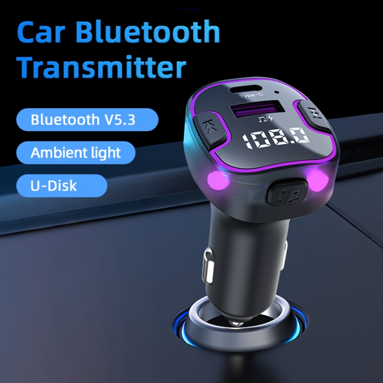 C49 con puerto tipo C + USB Transmisor FM Adaptador Bluetooth para coche  Luz ambiental Reproductor de música MP3