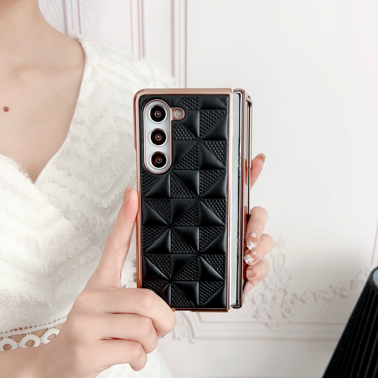 For Samsung Galaxy Z Fold5 5G Plating Plaid PU All-inclusive Shockproof Phone Case(Black) For Samsung Galaxy Z Fold5 5G Plating Plaid PU All-inclusive Shockproof Phone Case(Black)