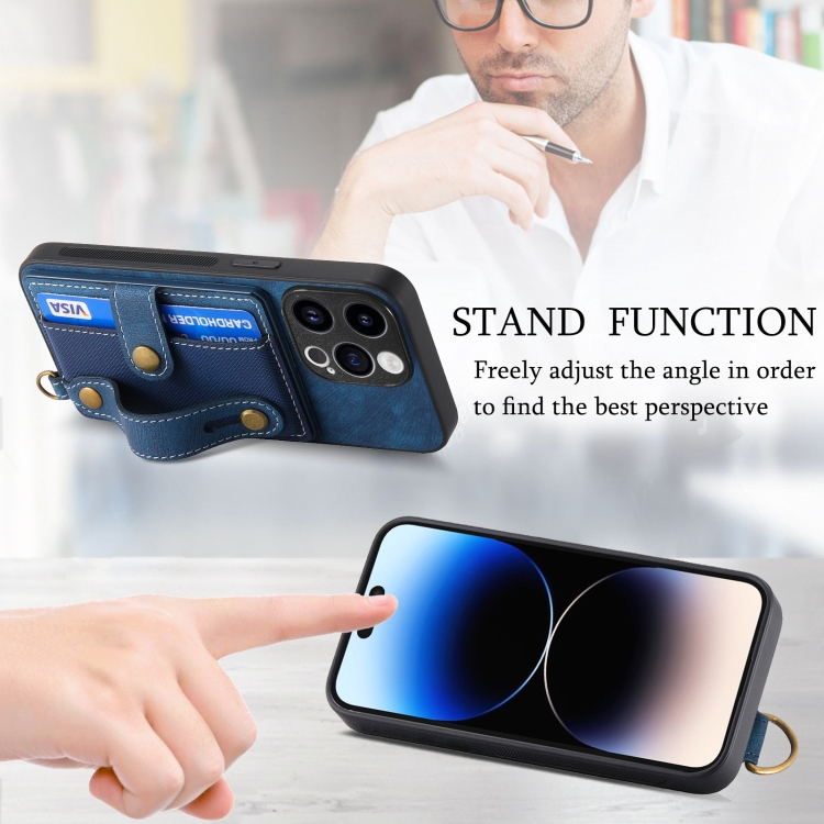 For iPhone 14 Plus Retro Cross Wristband Wallet Leather Back Phone Case(Blue) For iPhone 14 Plus Retro Cross Wristband Wallet Leather Back Phone Case(Blue)