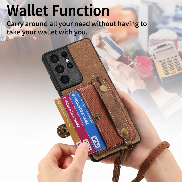 For Samsung Galaxy S21 Ultra 5G Retro Cross Wristband Wallet Leather Back Phone Case(Brown) For Samsung Galaxy S21 Ultra 5G Retro Cross Wristband Wallet Leather Back Phone Case(Brown)
