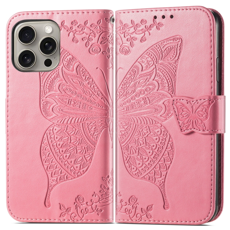 For iPhone 16 Pro Butterfly Love Flower Embossed Leather Phone Case(Pink) For iPhone 16 Pro Butterfly Love Flower Embossed Leather Phone Case(Pink)