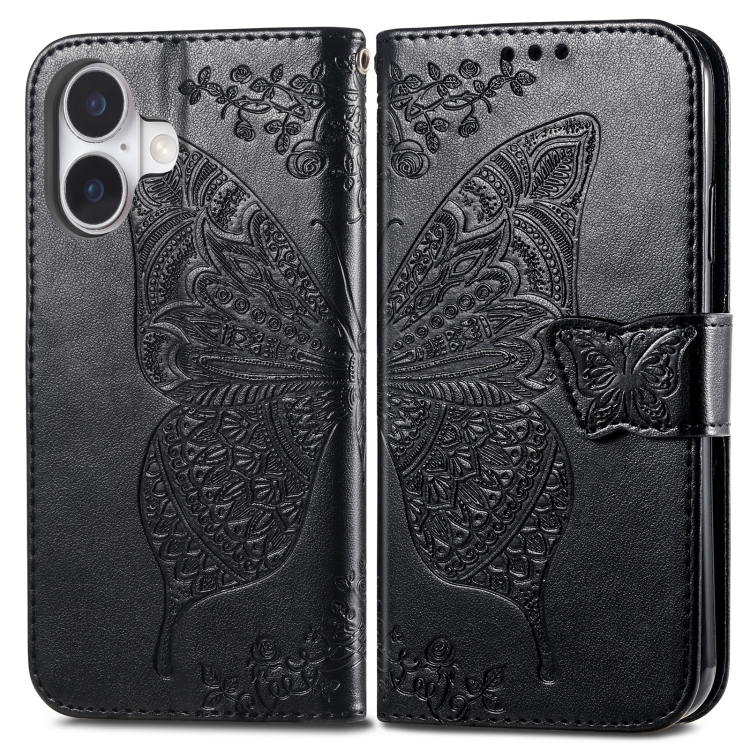 For iPhone 16 Plus Butterfly Love Flower Embossed Leather Phone Case(Black) For iPhone 16 Plus Butterfly Love Flower Embossed Leather Phone Case(Black)