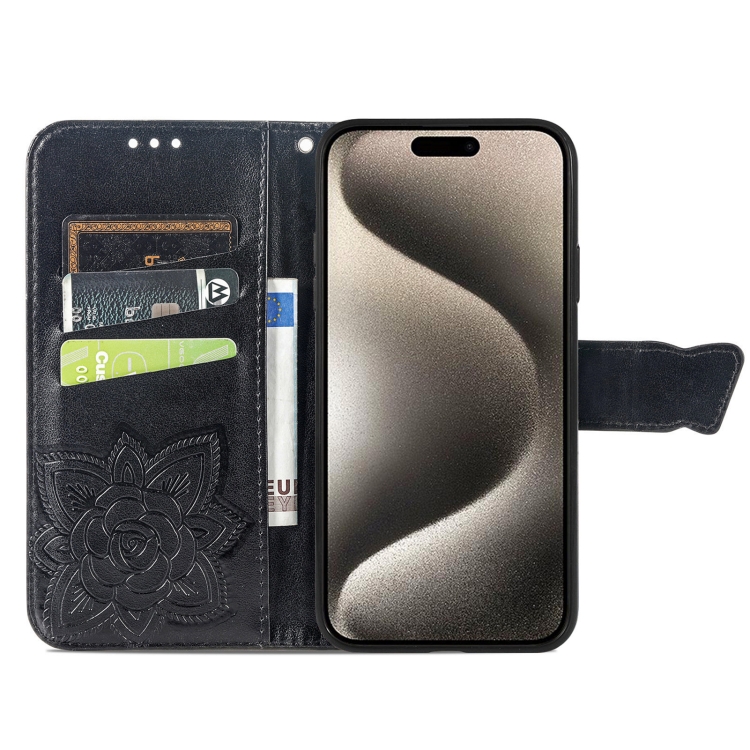 For iPhone 16 Plus Butterfly Love Flower Embossed Leather Phone Case(Black) For iPhone 16 Plus Butterfly Love Flower Embossed Leather Phone Case(Black)