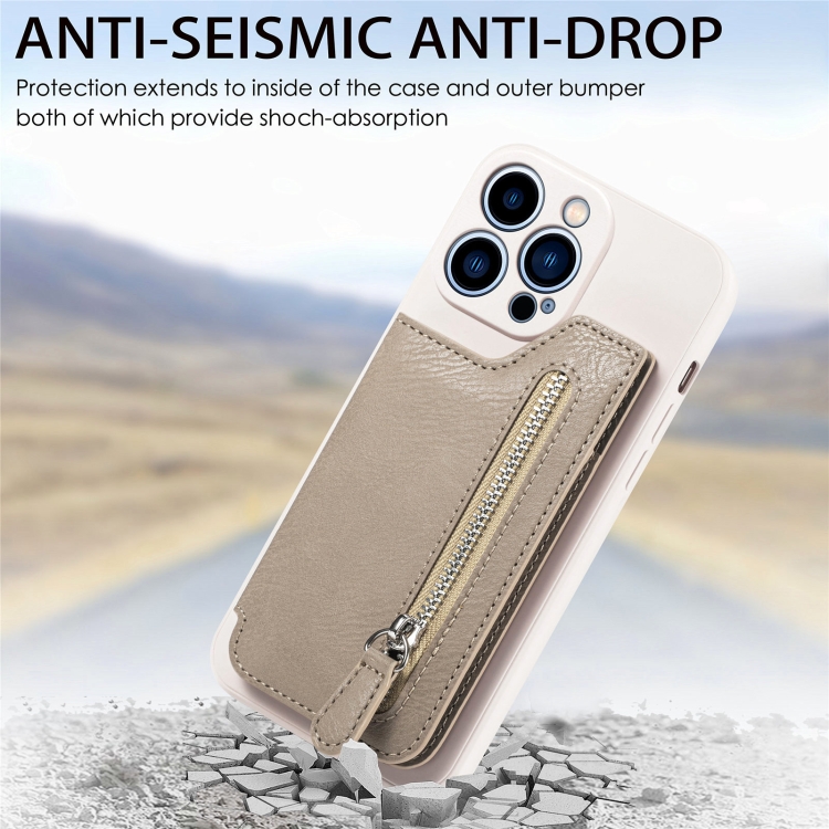 For iPhone 14 Zipper Wallet Leather Back Shockproof Phone Case(Khaki) For iPhone 14 Zipper Wallet Leather Back Shockproof Phone Case(Khaki)