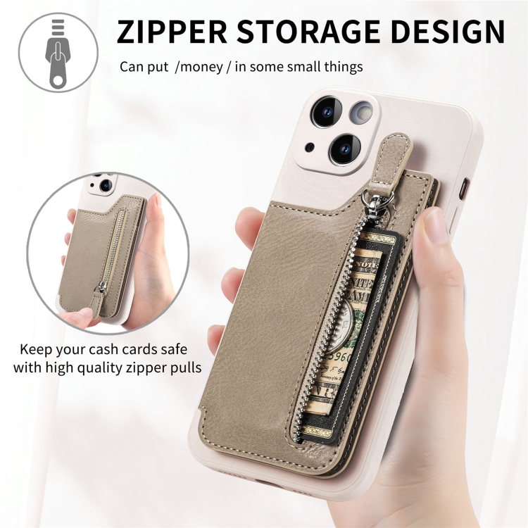 For iPhone 14 Zipper Wallet Leather Back Shockproof Phone Case(Khaki) For iPhone 14 Zipper Wallet Leather Back Shockproof Phone Case(Khaki)