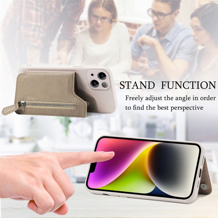 For iPhone 14 Zipper Wallet Leather Back Shockproof Phone Case(Khaki) For iPhone 14 Zipper Wallet Leather Back Shockproof Phone Case(Khaki)