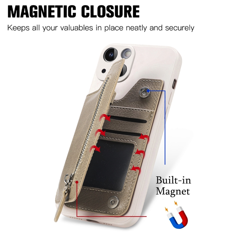 For iPhone 14 Zipper Wallet Leather Back Shockproof Phone Case(Khaki) For iPhone 14 Zipper Wallet Leather Back Shockproof Phone Case(Khaki)