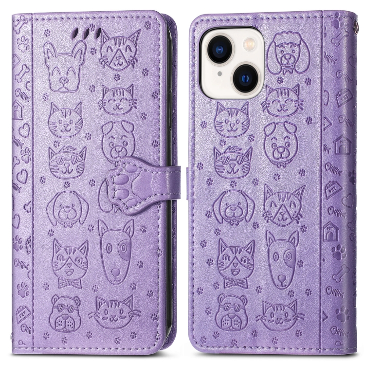 For iPhone 15 Cat and Dog Embossed Leather Phone Case(Purple) For iPhone 15 Cat and Dog Embossed Leather Phone Case(Purple)