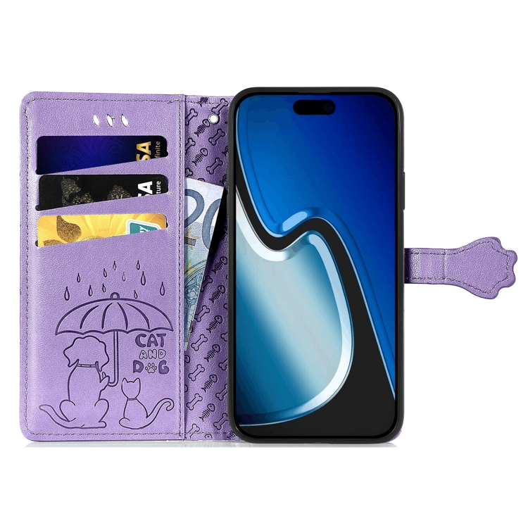 For iPhone 15 Cat and Dog Embossed Leather Phone Case(Purple) For iPhone 15 Cat and Dog Embossed Leather Phone Case(Purple)