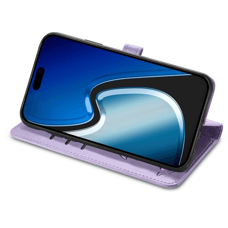 For iPhone 15 Cat and Dog Embossed Leather Phone Case(Purple) For iPhone 15 Cat and Dog Embossed Leather Phone Case(Purple)